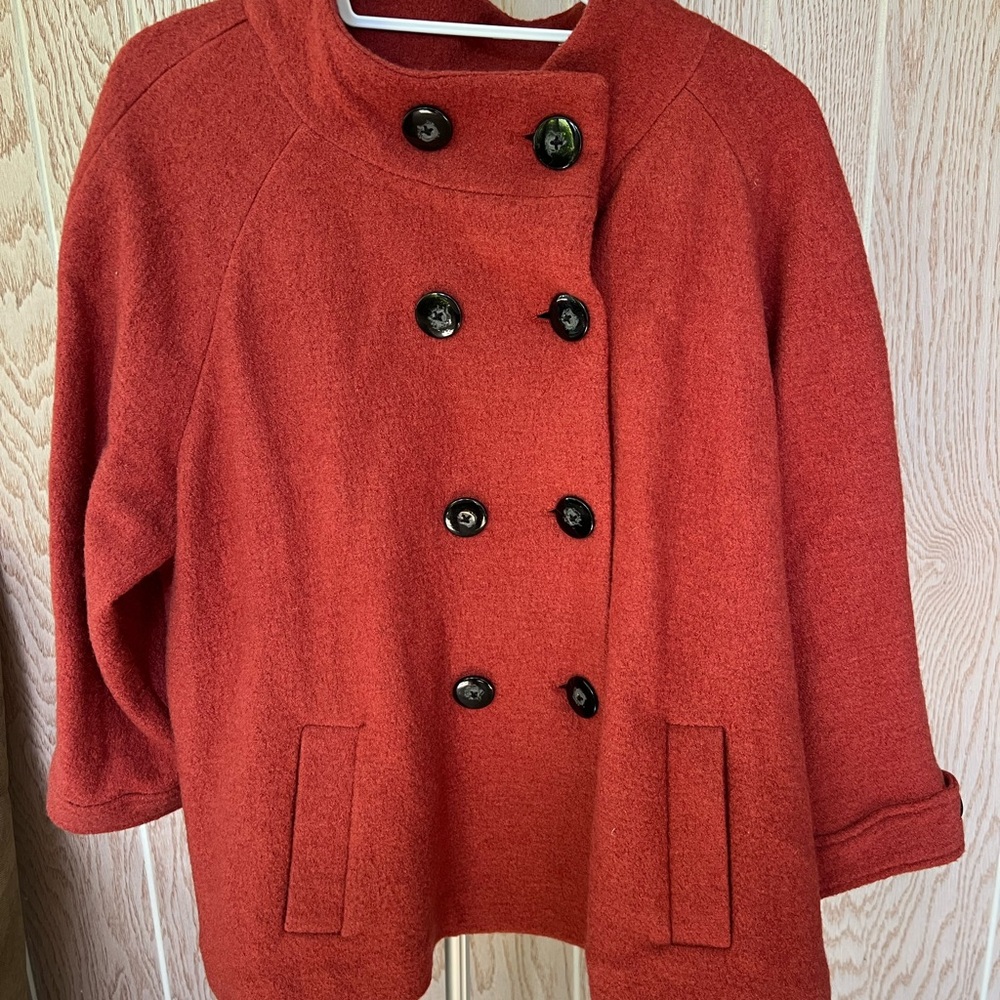 Chico's Red Pea Coat with Black Buttons